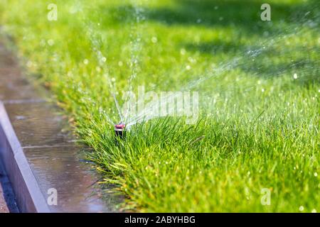 Unterirdische Sprinkleranlage Bewässerung park Rasen mit Hintergrund des grünen Grases. Stockfoto