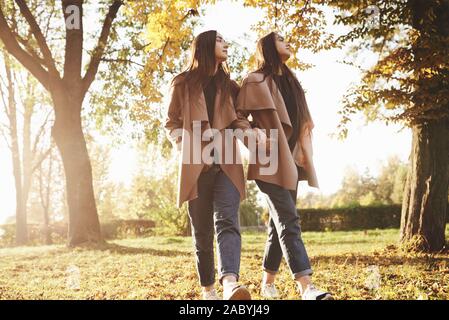 Profil anzeigen von jungen schöne Brünette/Mädchen zu Fuß, mit den Händen in den Taschen in der Nähe von einander und uns auf eine Seite zusammen im Herbst Stockfoto