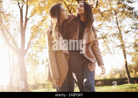 Ansicht von unten auf das junge lächelnde brunette Doppel Mädchen umarmen, bei jeder anderen suchen und wandern in lässig-Mantel im Herbst sonnigen Park auf verschwommenen Hintergrund Stockfoto