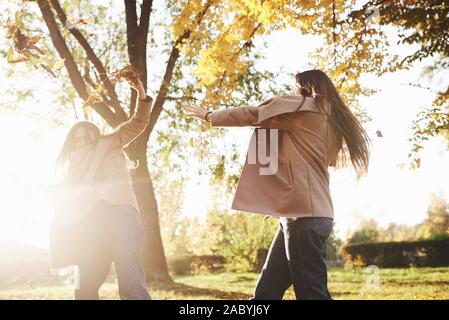 Seite Profil anzeigen Der junge schöne Brünette twin Mädchen Spaß und wirft Blätter an jedem anderen im Herbst sonnigen Park auf verschwommenen Hintergrund Stockfoto