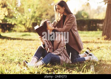 Brunette doppel Mädchen sitzen auf dem Gras und an jedem anderen suchen. Einer von ihnen Braun Buch hält, ein Man lehnt sich auf die Schwestern Schultern Stockfoto