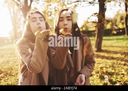 Junge brunette Zwillingsschwestern stehen nahe beieinander und blasen Konfetti in Kamera, legere Mantel im Herbst sonnigen Park auf Unscharf Stockfoto