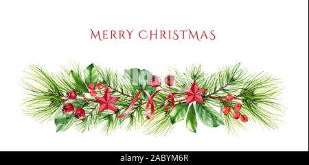 Weihnachten Girlande mit roten Sternen, Holly Berry und Pine Tree Branches. Aquarell von Hand bemalt Abbildung für die Weihnachtszeit, Grußkarten Stockfoto