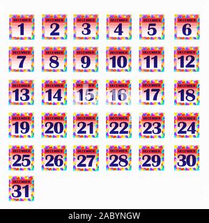 Schaltflächen mit Kalender Termine für den Monat Dezember. Die für die Planung wichtigen Tage. Banner für Feiertage und besondere Tage. Abbildung. Stockfoto