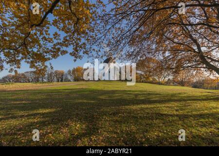 Krefeld-Traar - Ansicht von Egelsberg-Windmill von der Seite mit Herbst farbige Bäume, Nordrhein Westfalen, Deutschland, 29.11.2019 Stockfoto