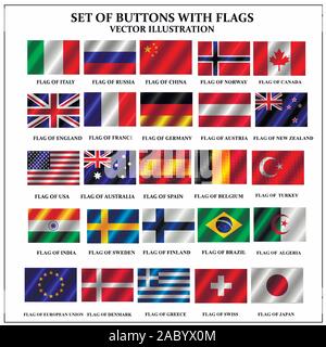Satz von Banner mit Fahnen. Bunte Illustrationen mit den Flaggen der Welt für Web Design. Fahnen Fahnen mit schönen Kurven. Vector Illustration mit weißen Hintergrund. Stock Vektor