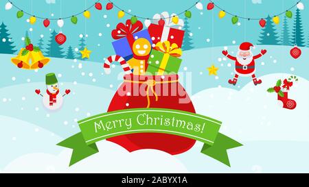 Santa Claus Sack mit Geschenken. Hell Weihnachtskarte. Stock Vektor