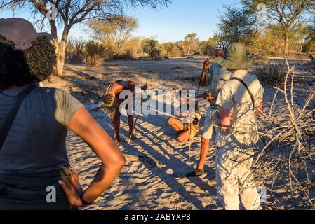 Touristische Spaziergang mit den San Buschmännern in Meno a Kwena Camp, Kalahari, Botswana Stockfoto