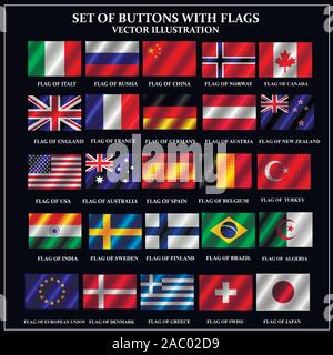 Satz von Banner mit Fahnen. Bunte Illustrationen mit den Flaggen der Welt für Web Design. Fahnen Fahnen mit schönen Kurven. Vector Illustration mit schwarzem Hintergrund. Stock Vektor