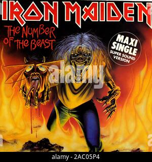 Iron Maiden, der überlege die Zahl des Tieres (Maxi) - Vintage Vinyl Album Cover Stockfoto