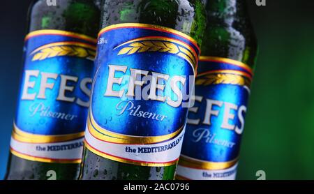 POZNAN, Polen - 22.August 2019: Flaschen EFES Pilsener Bier, das Flaggschiff der Anadolu Efes Unternehmen mit Sitz in Istanbul, Türkei Stockfoto