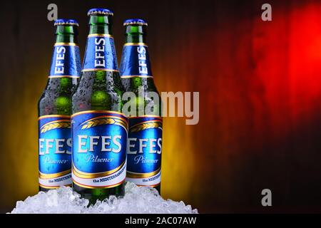 POZNAN, Polen - 22.August 2019: Flaschen EFES Pilsener Bier, das Flaggschiff der Anadolu Efes Unternehmen mit Sitz in Istanbul, Türkei Stockfoto