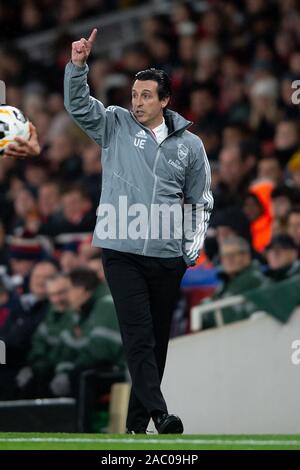 London, Großbritannien. 28 Nov, 2019. Unai Emery von Arsenal in der UEFA Europa League Spiel zwischen Arsenal und Eintracht Frankfurt im Emirates Stadium, London, England am 28. November 2019. Foto von salvio Calabrese. Nur die redaktionelle Nutzung, eine Lizenz für die gewerbliche Nutzung erforderlich. Keine Verwendung in Wetten, Spiele oder einer einzelnen Verein/Liga/player Publikationen. Credit: UK Sport Pics Ltd/Alamy leben Nachrichten Stockfoto