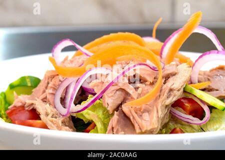 THUNFISCH-SALAT, ein frisch zubereiteter Thunfisch-Salat mit mediterranen Gemüse in einer weißen Porzellanschüssel Stockfoto