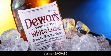 POZNAN, POL - 21.November 2019: Flasche Dewars, eine Marke der Whisky von Bacardi besessen, dem weltweit am meisten ausgezeichnet Blended Whisky Stockfoto