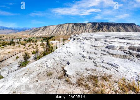 2-in-1 neue blaue Feder Travertin - hinterlegt heiße Quellen in der Hauptterrasse von Mammoth Hot Springs, Yellowstone National Park. Stockfoto