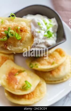 Köstliche authentische polnische Piroggen mit gehackten Frühlingszwiebeln und Sauerrahm Stockfoto
