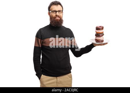 Lächelnd bärtigen Kerl mit Donuts auf einem Schild auf weißem Hintergrund Stockfoto