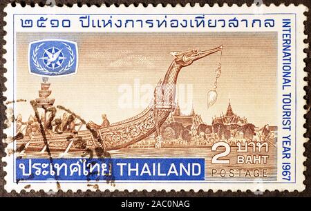 Heilige Lastkahn auf Briefmarke von Thailand Stockfoto