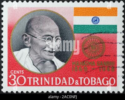 Mahatma Gandhi auf Briefmarke von Trinidad und Tobago. Stockfoto