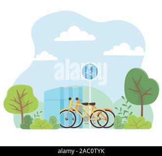 Stadtökologie Parkplatz fahrräder Verkehr park Bäume Natur Vector Illustration Stock Vektor