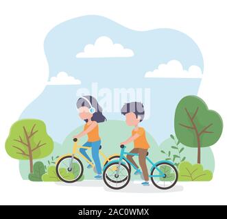 Stadtökologie junge Frau und Mann Fahrrad im Park Vector Illustration Stock Vektor