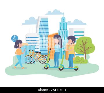 Stadtökologie junger Mann und eine Frau reiten Roller kick Parkplatz fahrräder Frau Spaziergang mit Mobile im Park Town Vector Illustration Stock Vektor