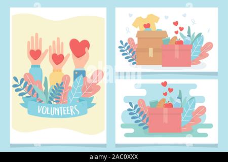 Ehrenamt, Hilfe Liebe freiwillige Hände liebe herz Kleidung essen Karten Vector Illustration Stock Vektor