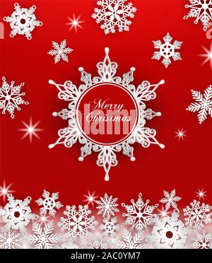 Weihnachten Grußkarten mit Schneeflocken auf rotem Hintergrund Stockfoto