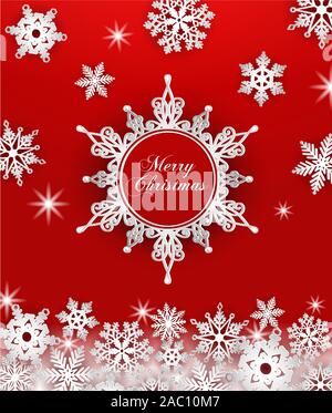 Weihnachten Grußkarten mit Schneeflocken auf rotem Hintergrund Stock Vektor
