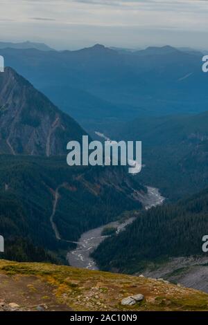 Nisqually Fluss fließt in das Tal unter Mt. Rainier Stockfoto