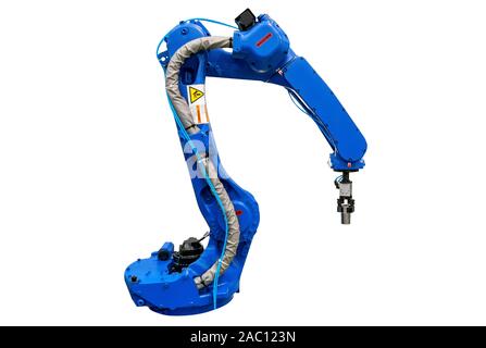 Blau Roboterarm auf weißem Hintergrund. Stockfoto