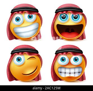 Saudi-arabischen emojis Vektor einrichten. Saudi-arabischen Emoticon oder ein Smiley in aufgeregt, wütend und naughty Ausdruck tragen Agal und ghutra in Weiß isoliert. Stock Vektor