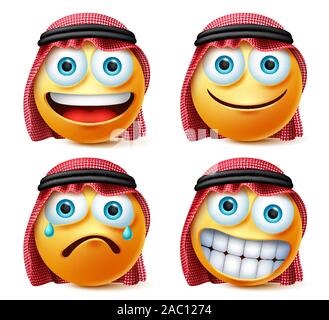 Saudi-arabischen Smileys und emoji Vektor einrichten. Saudi-arabischen emoticons Gesicht in Weinen, lächeln und glücklich Emotion tragen thawb in weißem Hintergrund. Stock Vektor