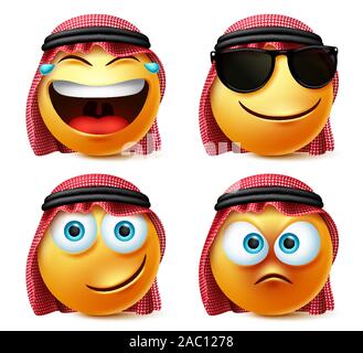 Saudi-arabischen smiley Vektor einrichten. Emotionen oder emoji der saudi-arabischen Mann Gesicht in Lachen, frech und glücklichen Gesichtsausdruck mit thobe und Gläser. Stock Vektor