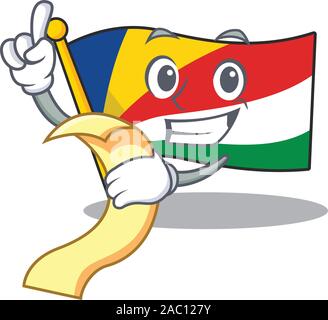 Cute Flagge Seychellen Zeichentrickfigur mit Menü bereit zu dienen Stock Vektor