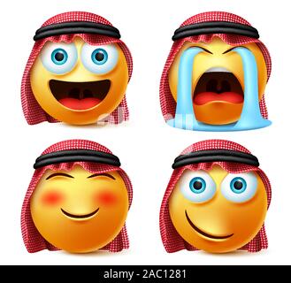 Saudi-arabischen smileys Vektor einrichten. Emojis und emoticon Gesicht Kopf der Saudi Arabian in Weinen mit Tränen, Blush, freche Gesichtsausdruck in Weiß isoliert. Stock Vektor