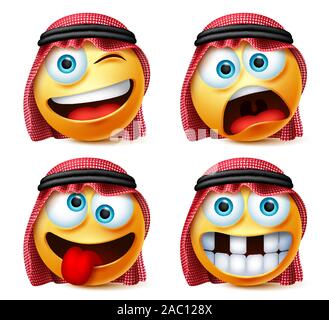 Saudi-arabischen Emoticon Vektor einrichten. Saudi-arabischen Smiley Kopf in Lustig, verrückt und freche Gesichtsausdruck mit thawb in weißem Hintergrund. Stock Vektor