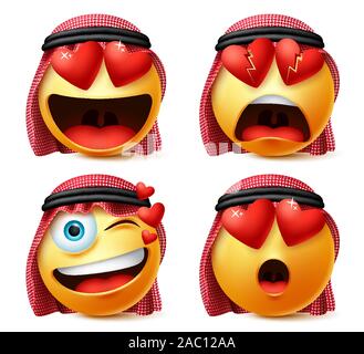 Saudi-arabischen mit Liebe Herzen emoticon Vektor einrichten. Emoticons Smiley in Liebe, gebrochen und die Überraschung, die traditionelle thawb in Weiß isoliert. Stock Vektor