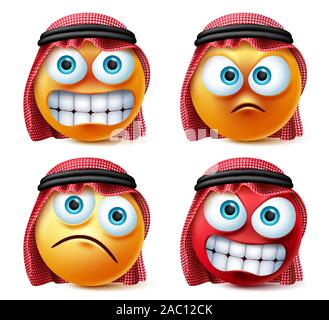 Wütend saudi-arabischen smiley Emoji und emoticon Vektor einrichten. Emoticons von saudi-arabischen tragen thawb in Ärger, Stress und verrückte Stimmung isoliert. Stock Vektor