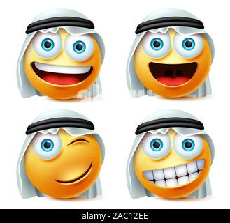 Happy arabischen Emoji und emoticon Vektor einrichten. Saudi-arabischen cute emojis Gesicht mit Fröhlich, frech und lächelnden Gesichtsausdruck tragen weiße thobe. Stock Vektor