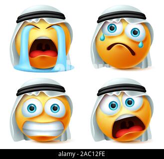 Smiley arabischen emoji Vektor einrichten zu weinen. Saudi-arabischen Emoticon oder Smiley gelbes Gesicht in Weinen, Angst, Überraschung und traurigen Emotionen mit weißen traditionell. Stock Vektor