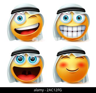 Smiley arabischen Emoticon oder emojis Vektor einrichten. Saudi-arabischen Smiley Kopf mit frechen und aufgeregt, die traditionelle thwab in weißem Hintergrund. Stock Vektor