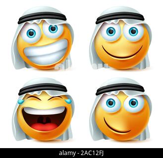 Happy arabischen emoticons Vektor einrichten. Saudi-arabischen Smiley und emojis in Lachen, frech, lächelnd und glücklichen Gesichtsausdruck mit 3d-realistischem Design. Stock Vektor