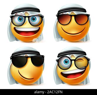 Smiley arabischen Saudi mit Brille Vektor einrichten. Saudi-arabischen Smiley Emoticon tragen Sonnenbrillen, Brillen und ghutra in Frechen, glücklich und lächelnd. Stock Vektor