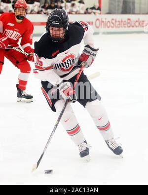 Columbus, Ohio, USA. 29 Nov, 2019. Ohio State Buckeyes vorwärts Gabi Rosenthal (15) trägt den Puck gegen Cornell in ihr Spiel in Columbus, Ohio. Brent Clark/CSM/Alamy leben Nachrichten Stockfoto