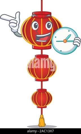 Mit Uhr lächelnd Lampion Lampion Zeichentrickfigur Stil Stock Vektor