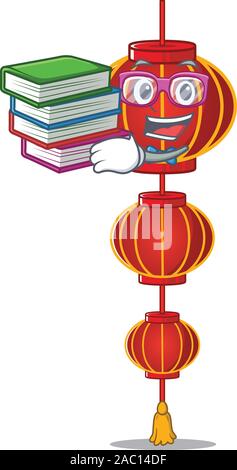 Schüler mit Buch Lampion Lampion Maskottchen Zeichentrickfigur Stil Stock Vektor