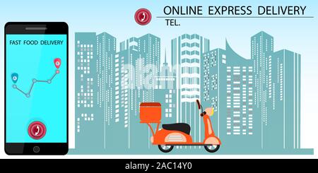 Online Express Lieferung. Lieferung Kurier Ride Roller Motorrad. Essen Lieferung Design. Vector Illustration. Stock Vektor