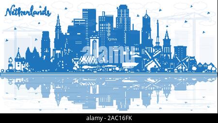 Übersicht Niederlande Skyline mit blauen Gebäude. Vector Illustration. Tourismus Konzept mit historischer Architektur. Stadtbild mit Sehenswürdigkeiten. Amsterdam. Stock Vektor